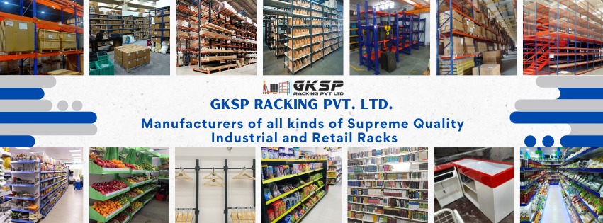 This is promotional banner for GKSP RACKING PVT. LTD. rack manufacturer in Haridwar, featuring a collage of multiple warehouse and retail storage solutions. Let me describe the layout and contents in detail: The image is consists of photographs: • Multiple images showing heavy-duty industrial warehouse racking systems in blue and orange colors • Storage racks filled with boxes and inventory items • Various angles of warehouse storage solutions showing both loaded and empty racks • The company logo and text reading "GKSP RACKING PVT. LTD." • A tagline stating "Manufacturers of all kinds of Supreme Quality Industrial and Retail Racks" • Several images of retail storage solutions including: • Grocery store shelving with fresh produce displays • Library/bookstore shelving systems • Convenience store display racks • Modern retail display units The color scheme throughout features predominantly blue, orange, and white colors in the racking systems. The overall presentation shows our diverse range of storage solutions for both industrial and retail applications. The images demonstrate different storage scenarios and applications, from heavy-duty warehouse storage to consumer-facing retail displays, illustrating our versatility in manufacturing various types of racking systems.